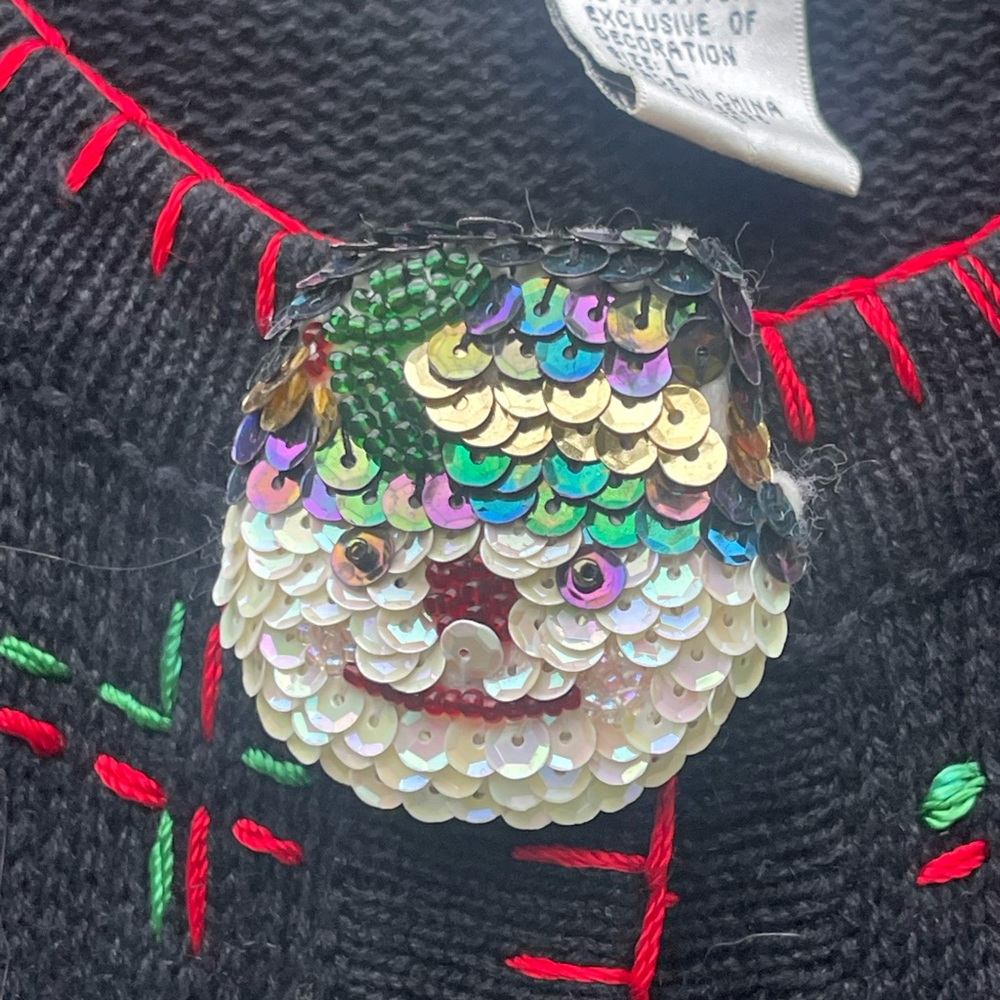 Vintage Christmas Sweater Black Cardigan with Holiday Accents - Size L - Picture 11 of 12